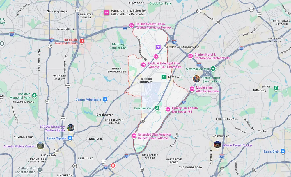Garage door repair service area map in Chamblee GA