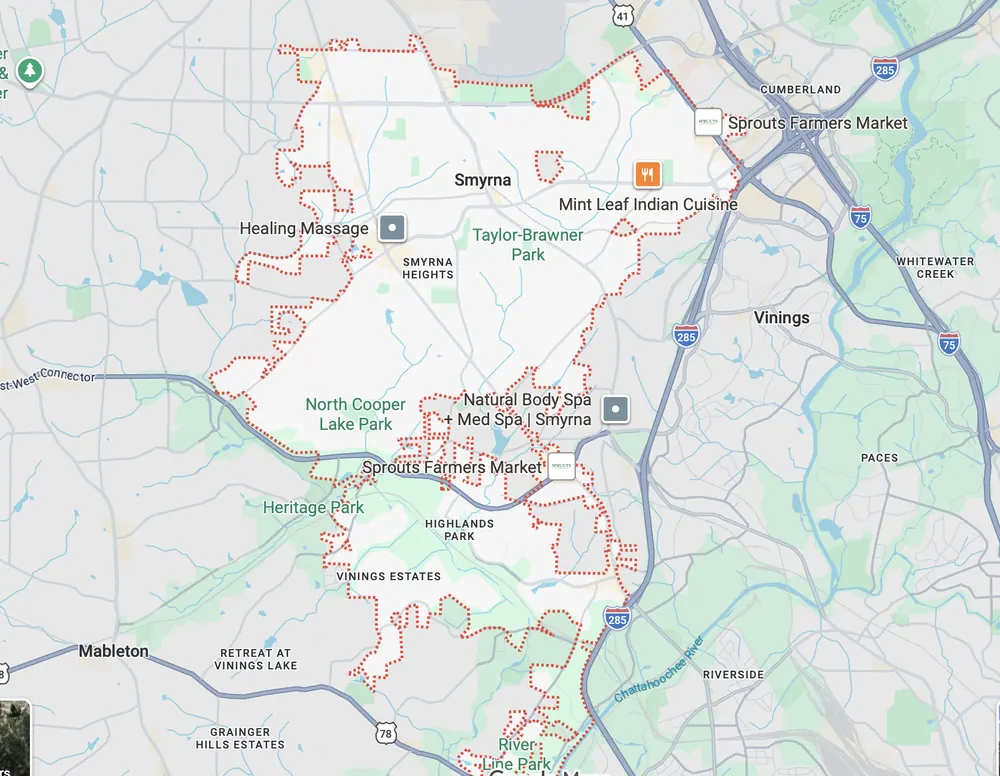 Garage door repair service area map in Smyrna GA