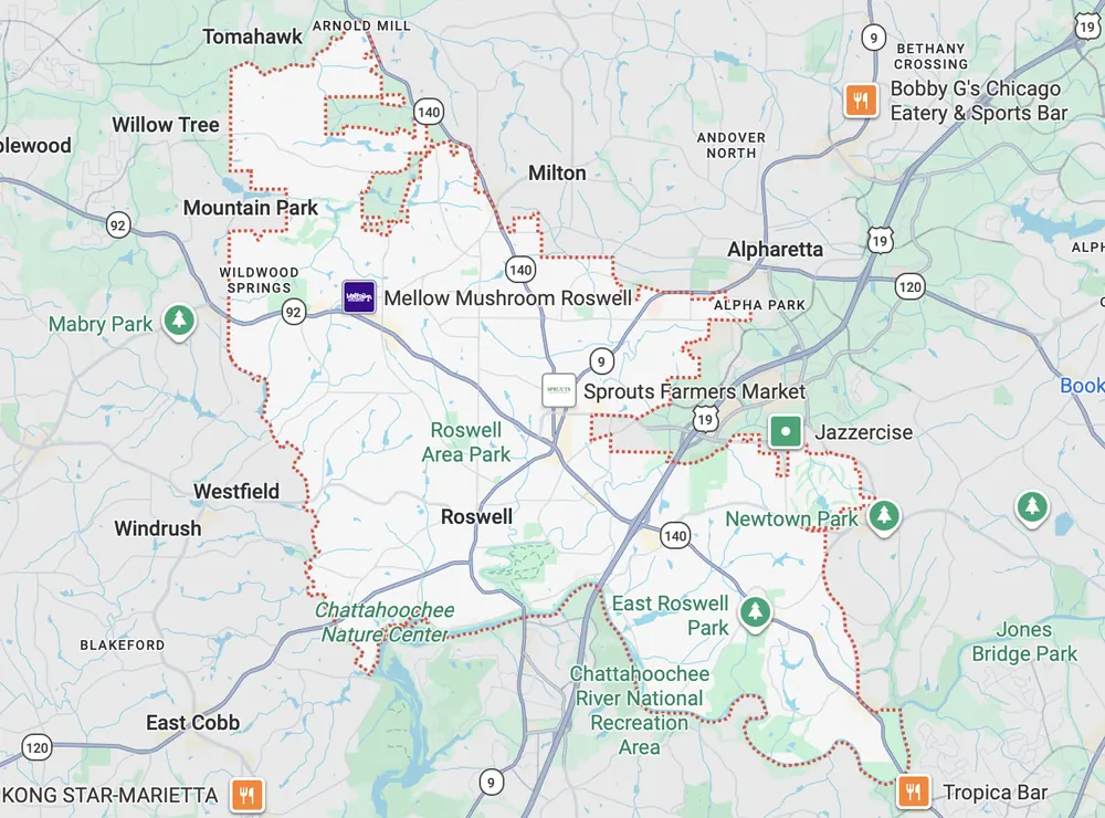 Garage door repair service area map in Roswell GA