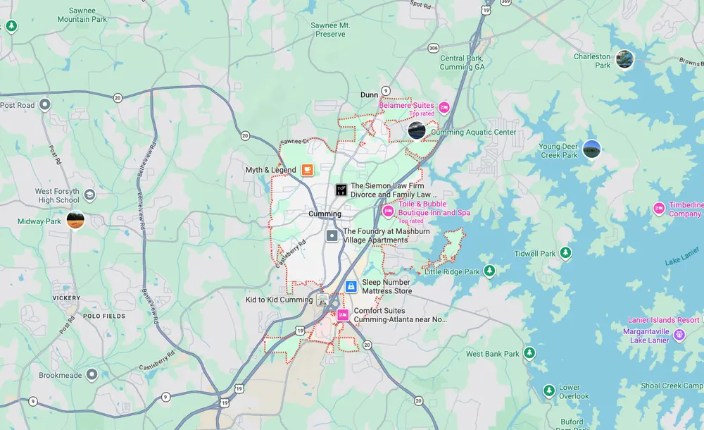 Garage door repair service area map in Cumming GA