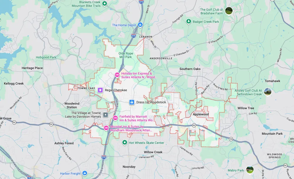 Garage door repair service area map in Woodstock GA
