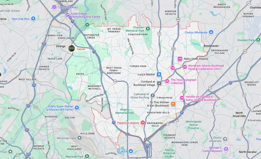 Garage door repair service area map in Buckhead GA