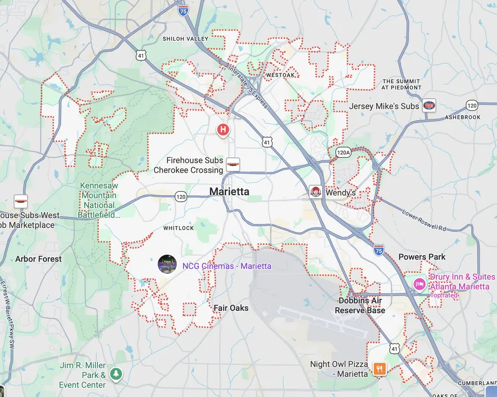 Garage door repair service area map in Marietta GA