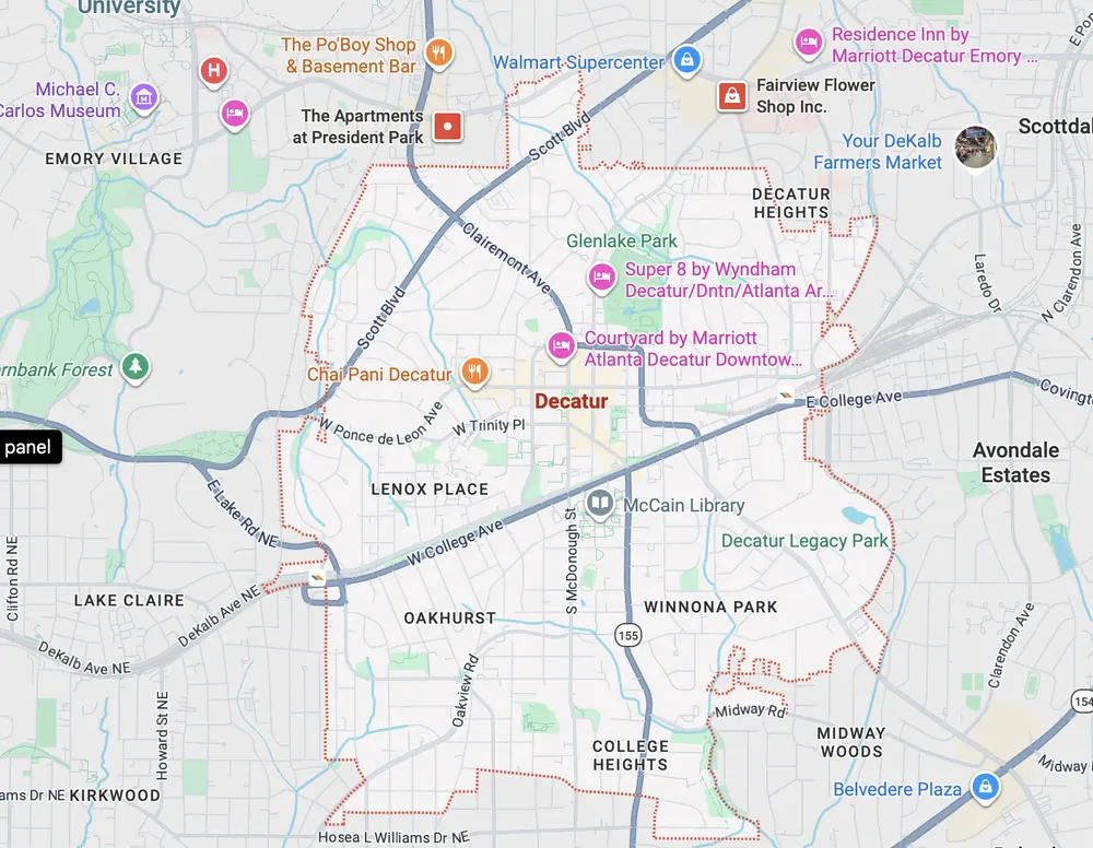 Garage door repair service area map in Decatur GA